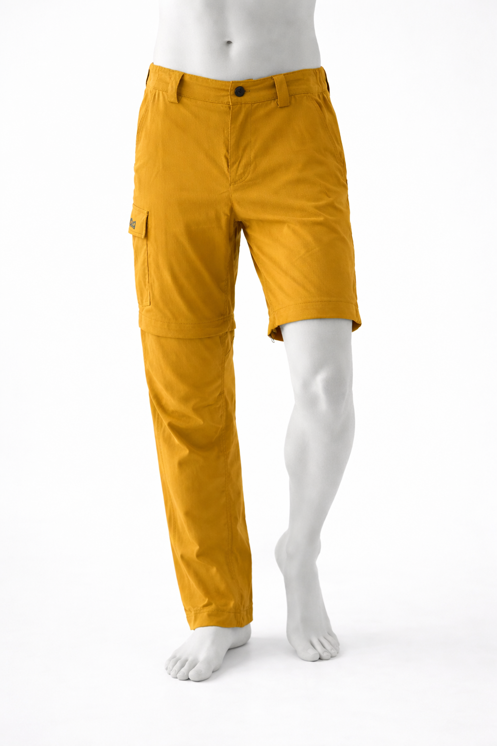 front view pantalone divisibile trekking tecnico giallo senza una gamba per fare vedere che è divisibile